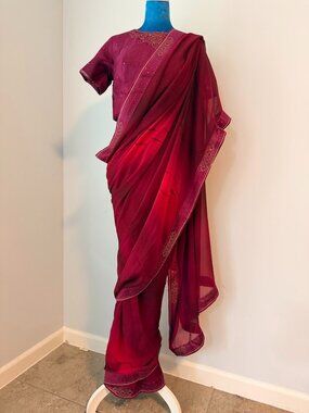 New Ombre Chiffon Saree Set Cranberry Maroon Gold Motif Blouse Petticoat